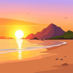 A breathtaking sunset casts vibrant hues of orange and pink across the sky, reflecting on the tranquil sea, with majestic mountains framing the beach.