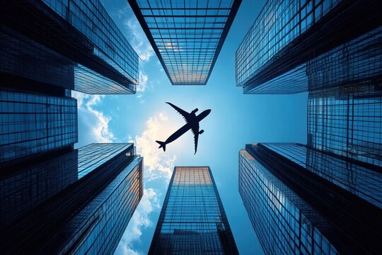 Silhouette of an airplane flying above tall glass skyscrapers under a bright blue sky with soft clouds, conveying a sense of travel and urban modernity - Powered by Adobe