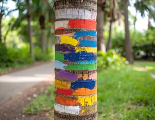A close-up of a tree trunk adorned with vibrant, swirling colors of paint, showcasing a blend of blues, reds, and yellows against the rough bark.