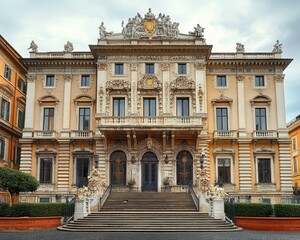 Obraz premium Elegant historic building with ornate architectural details including statues, sculptures, columns, grand stairway, and decorative facade under overcast sky