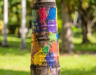 A large tree stands proudly, its bark adorned with vibrant splashes of paint in various colors, creating a whimsical and artistic outdoor scene.