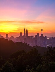 A breathtaking view of the city skyline at sunset, with vibrant hues of orange and pink reflecting off glass buildings, silhouetted against a dusky sky.