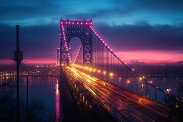 Illuminated suspension bridge spanning a wide river at dusk with glowing city lights and vibrant blue and pink sky