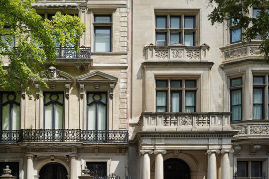 New York apartment building or townhouse with elaborate stone decorations