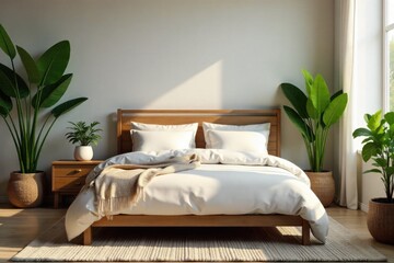 Bed with Natural Elements and Greenery A comfortable bed in a serene bedroom setting, incorporating natural elements like wood and stone, complemented by lush green plants and foliage. Emphasize a