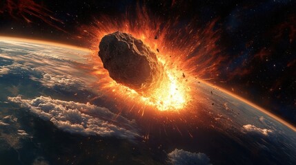 Massive fiery asteroid entering Earth's atmosphere surrounded by glowing debris and intense flames above swirling clouds and a dark space background