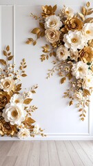 A stunning white and gold floral arrangement elegantly mounted on a textured wall, featuring delicate blooms and lush greenery for a sophisticated touch.