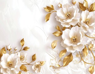 A delicate white and gold floral background featuring intricate blossoms and elegant leaves, creating a serene and luxurious atmosphere.