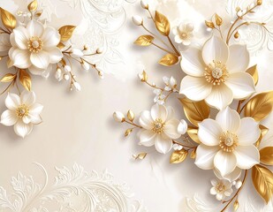 A delicate white and gold floral background featuring intricate blossoms and leaves, creating an elegant and sophisticated atmosphere perfect for various designs.