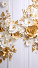 A stunning white and gold flower wall hanging gracefully adorns the side of a door, adding an elegant touch to the entrance with its intricate design.