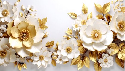 A stunning wall-mounted flower arrangement featuring elegant white blooms and shimmering gold accents, creating a luxurious and sophisticated ambiance.