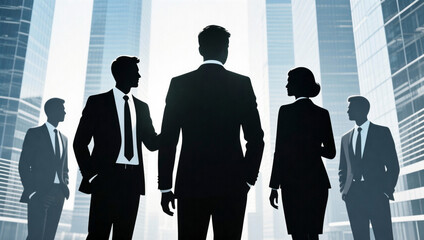 silhouettes of business people and global business