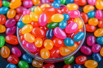 Close-up of a glass bowl filled with colorful shiny jelly beans with various bright colors scattered around it on a dark surface
