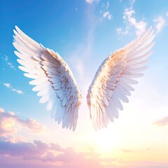A pair of ethereal white angel wings gracefully spreads across a bright blue sky, illuminated by soft sunlight, evoking a sense of peace and serenity.