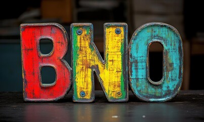 Close-up of vintage worn wooden letters B, N, and O painted in red, yellow, and blue colors on a dark surface with rustic texture