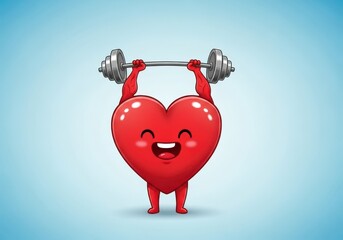 Cute heart character lifting weights for fitness motivation