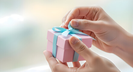 Hands holding small romantic gift box with ribbon, Valentine’s Day surprise present for love celebration, minimal pastel background, symbol of affection, romance, and giving