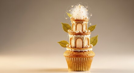 A beautifully decorated cupcake resembling a miniature tiered cake, adorned with pearls, golden icing, and delicate sugar leaves. The elegant design exudes creativity, luxury, and artistic dessert