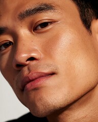 Obraz premium Asian man applies tinted lip balm lightly, natural yet hydrated skin.