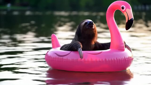 Adorable sloth lounging in a pink flamingo pool ring, embodying the spirit of a lazy and relaxing summer holiday