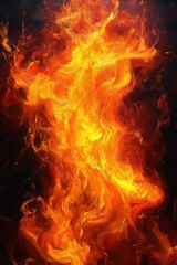 Bright and dynamic swirling flames in various shades of orange and yellow creating a powerful and intense fire against a dark background