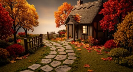 A cozy countryside cottage surrounded by autumn trees with golden and red leaves. The stone pathway, warm lighting, and rustic charm create a peaceful and inviting fall atmosphere.