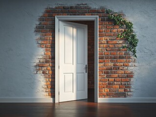 White door partially open revealing exposed red brick wall inside with creeping green vine on gray plaster wall in bright natural light