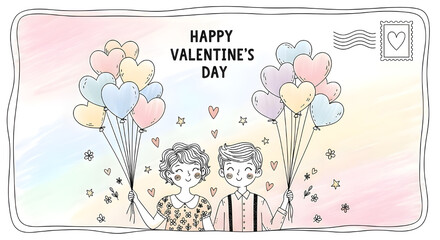 Cute hand-drawn Valentine’s Day illustration with couple characters and heart balloons, adorable romantic cartoon art design for greeting card, love poster, and celebration concept