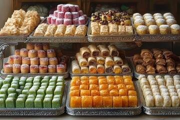 Colorful assortment of neatly arranged traditional pastries and sweets displayed on ornate silver trays, evoking a festive and inviting atmosphere