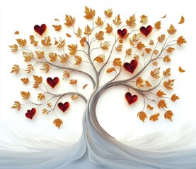 Artistic tree with twisted trunk, golden autumn leaves, and scattered large red heart shapes among branches on a white background evoking warmth and love