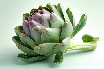 Fototapeta premium Close-up photo of fresh green artichoke with purple tinges on the petals laid on a smooth pale surface highlighting its texture and natural beauty