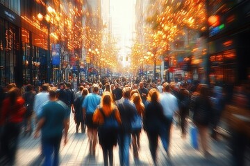 Busy urban street filled with a diverse crowd walking among glowing decorative lights during daylight with motion blur conveying lively and dynamic atmosphere