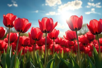 Fototapeta premium Bright red tulips blooming in a sunny field under a blue sky with scattered clouds, sunlight shining through petals creating a vibrant and lively spring atmosphere
