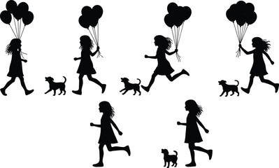 Black and white silhouette vector illustration of girl walking and running with dog, holding balloons, playful motion sequence design art