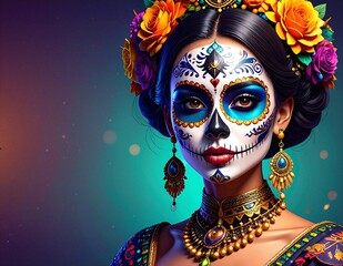 A woman with vibrant makeup and a crown of colorful flowers in her hair, exuding a joyful and artistic vibe, set against a soft, blurred background.