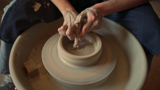 Close-up view of hands of unrecognizable artisan in apron sitting in workshop, shaping clay bowl on spinning pottery wheel during ceramic making process