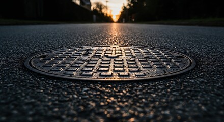 Urban Infrastructure: The gritty charm of a manhole cover embedded in the coarse asphalt, illuminated by the radiant glow of the setting sun, creating a study in texture and urban form.