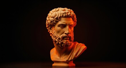 Sculpture of a man: The bust of a man is illuminated by dramatic lighting, highlighting the intricate details of his beard, hair, and facial features. Capturing the timeless beauty of art.