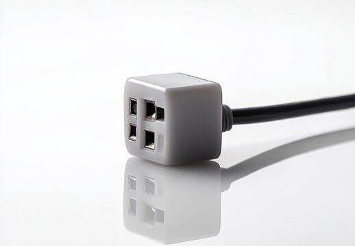 black electrical cable with a small gray cube connector resting on a reflective white surface showing four square port openings