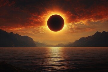 Dramatic solar eclipse over a calm lake surrounded by dark mountains under fiery orange and red clouds at sunset