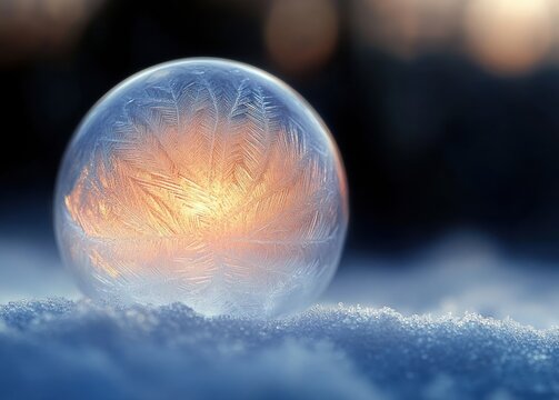 Close-up of a delicate frozen soap bubble with intricate ice crystal patterns glowing warmly on snowy ground during sunset