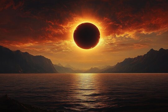 Dramatic solar eclipse over a calm lake surrounded by dark mountains under fiery orange and red clouds at sunset - Powered by Adobe