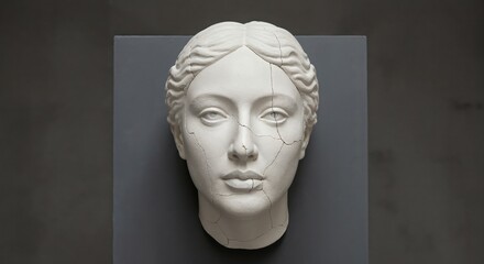 Obraz premium Ancient Beauty: A classical sculpted head, showcasing serene beauty and timeless artistry, stands as a testament to the aesthetic ideals of antiquity, capturing an essence of refined elegance.