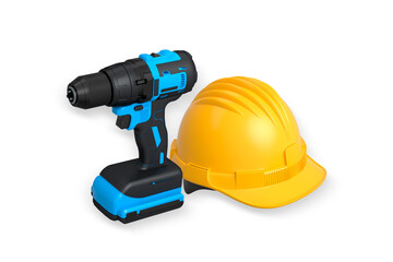 Cordless drill and safety helmet isolated on white background with clipping path. Concept of construction, safety, and power tools