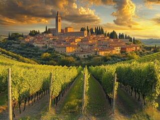 Naklejka premium Small historic village with old buildings and tall church tower surrounded by lush vineyards under a dramatic sky during golden sunset