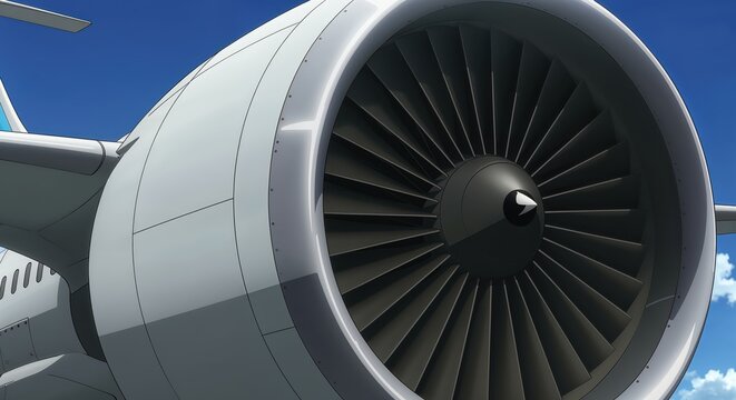 Jet Engine Close-up: a high-definition image, the powerful jet engine of an aircraft stands out, blades spinning. Its intricate design symbolizes innovation, speed and modern air travel.