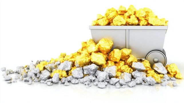 Golden Riches: A visual treasure trove showcasing glistening gold nuggets overflowing from a classic mining cart, representing wealth, prosperity, and the allure of discovery.