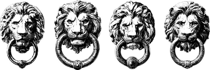 Lion head door knocker vector illustration in vintage 16th century engraving style on transparent background