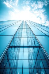 Obraz premium Looking up at a modern glass skyscraper reflecting a bright partly cloudy sky with sun shining above, creating a sense of height and openness