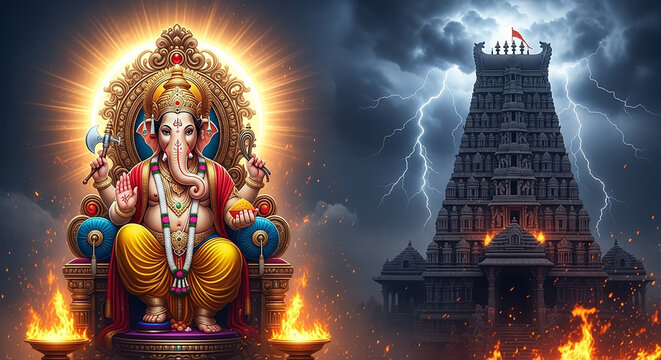 Ganesha hindu god seated with temple storm - Powered by Adobe